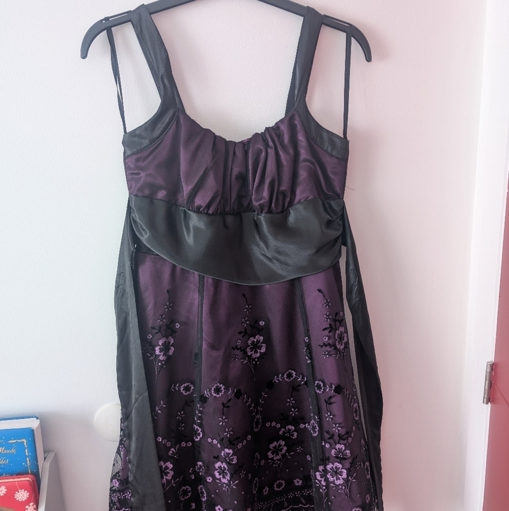 Jolie - Floral Midi Prom Dress With Ribbon - Purple&Black